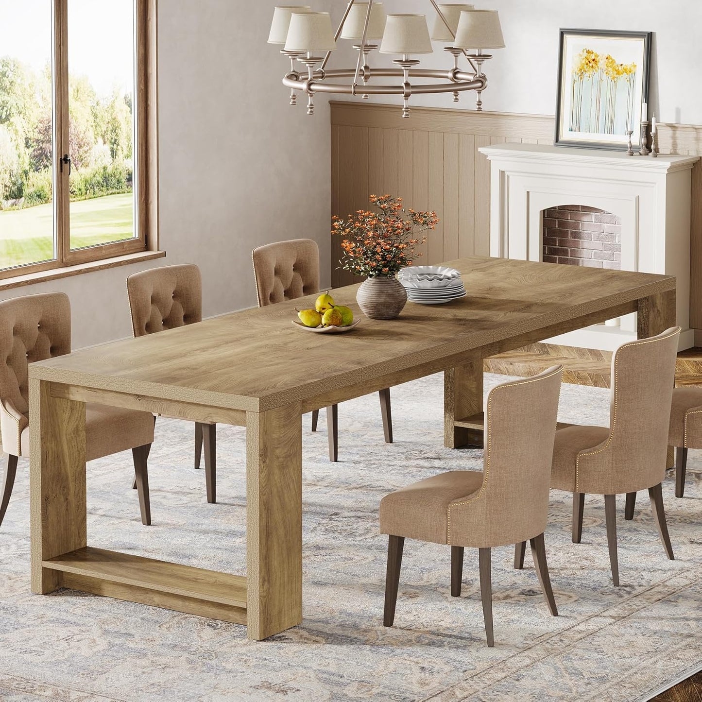 86.61-Inch Dining Table for 6-8 People, Modern Narrow Long Kitchen Table with Pedestal Base, Farmhouse Extra Long Rectangular Dining Room Furniture, 27.56 X 86.61 X 29.53 Inches, Oak