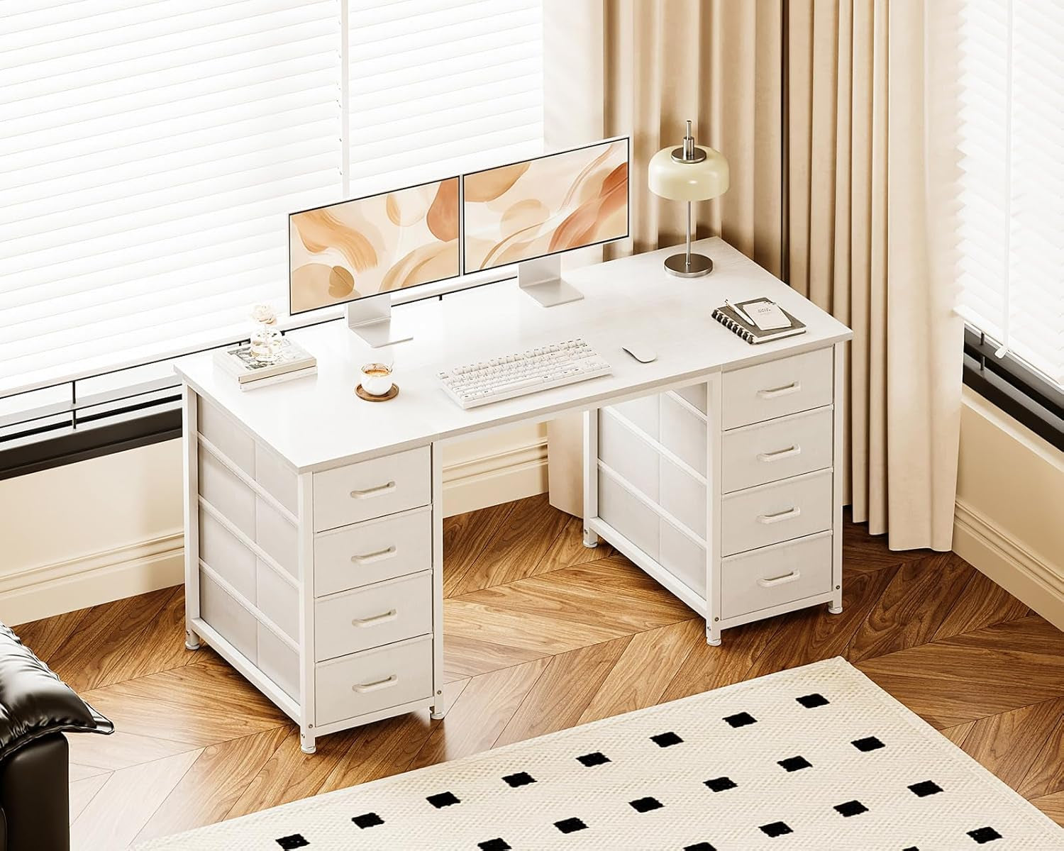 48 Inches Computer Desk with 8 Fabric Drawers, Modern Office Desk with Large Storage for Home Office, Study, White
