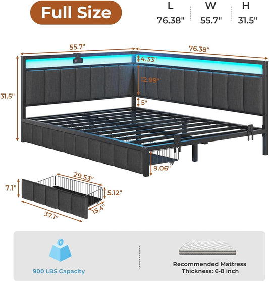 Corner Full Bed Frame with 2 Storage Drawers and Charging Station Full Size Platform Bed Frame with Led Lights and Upholstered Guardrail Full Size Daybed for Teen/Adult with Storage,Gray