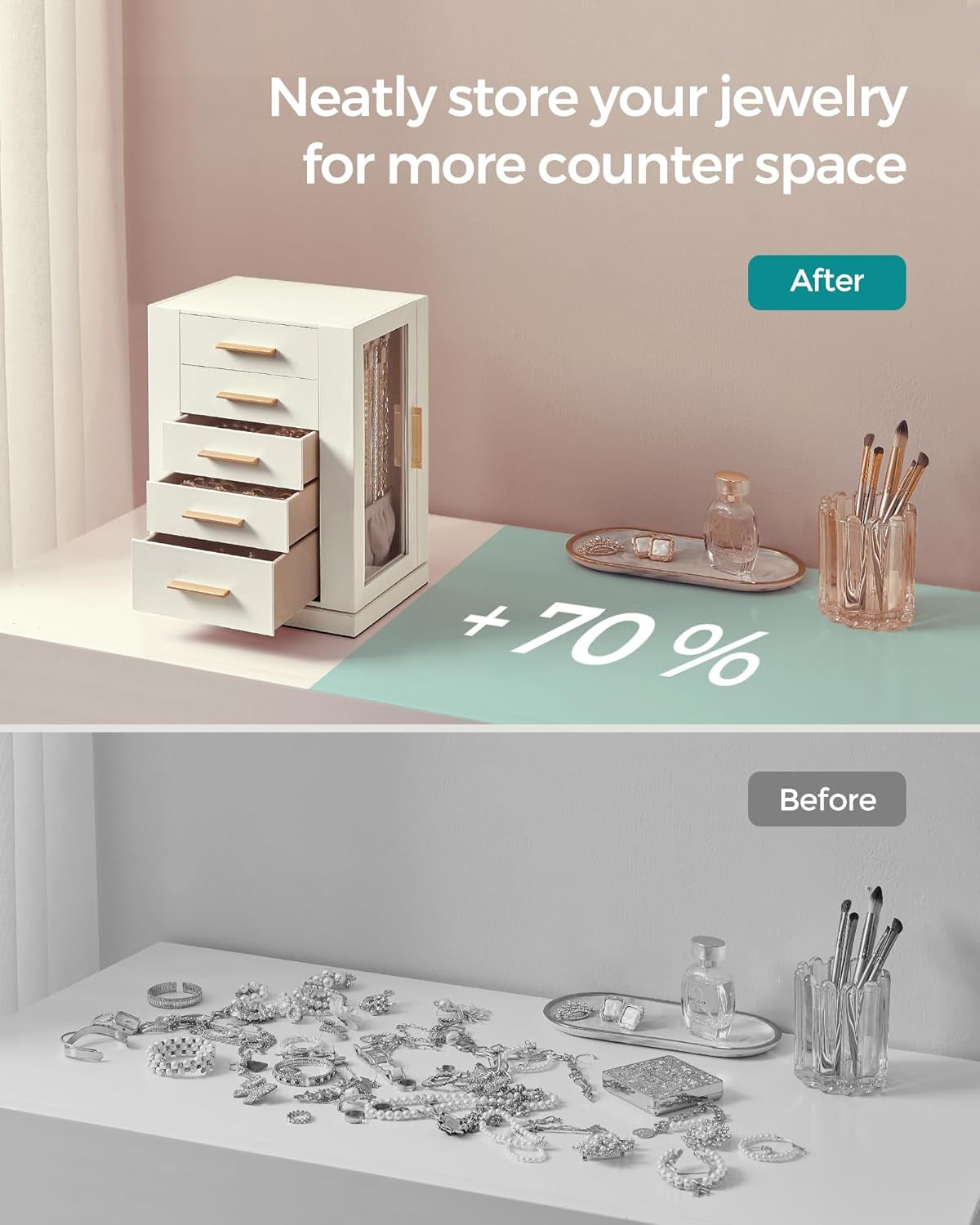 Jewelry Box 360° Rotating, Jewelry Storage Case with 5 Drawers, Jewelry Organizer, Glass Window, Spacious, Vertical Jewelry Storage, Open Design, Great Gift, Cloud White UJBC170W01