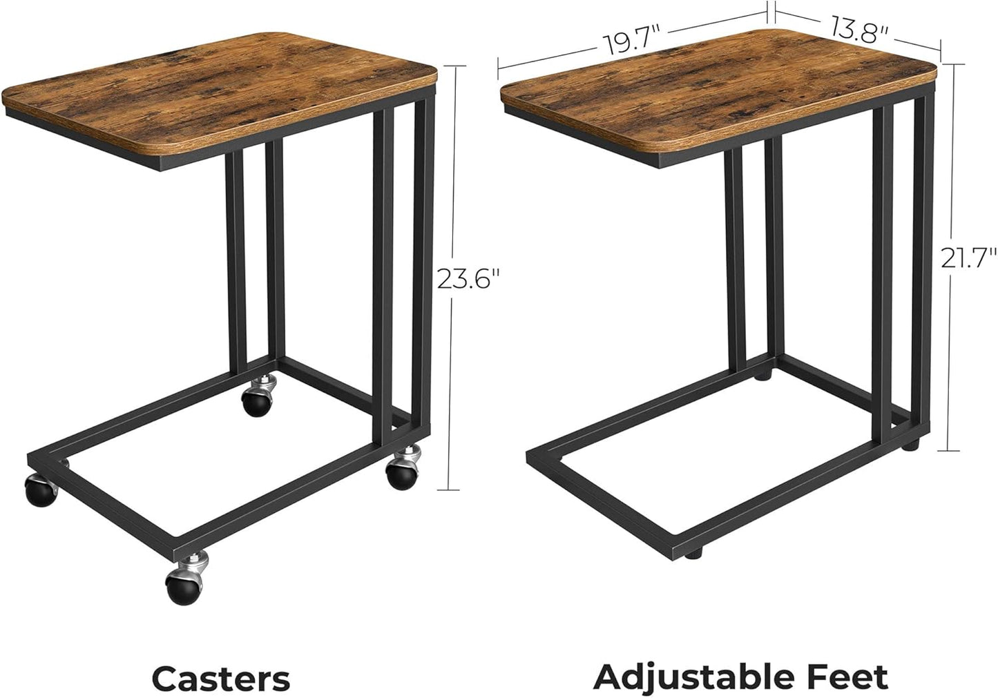 End Table, C Shaped TV Tray with Metal Frame Rolling Casters, Industrial Side Table for Living Room Bedroom, 19.7 X 13.8 X 23.6 Inches, Rustic Brown and Black
