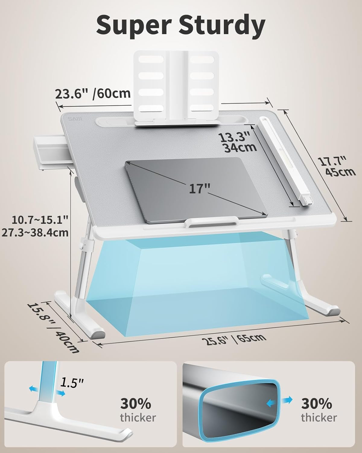 Laptop Bed Tray Desk with LED Desk Light, Adjustable Laptop Stand for Bed, Xx-Large PVC Leather Foldable Table with Book Stand, Wrist Rest, Extra Leg Room (Grey)