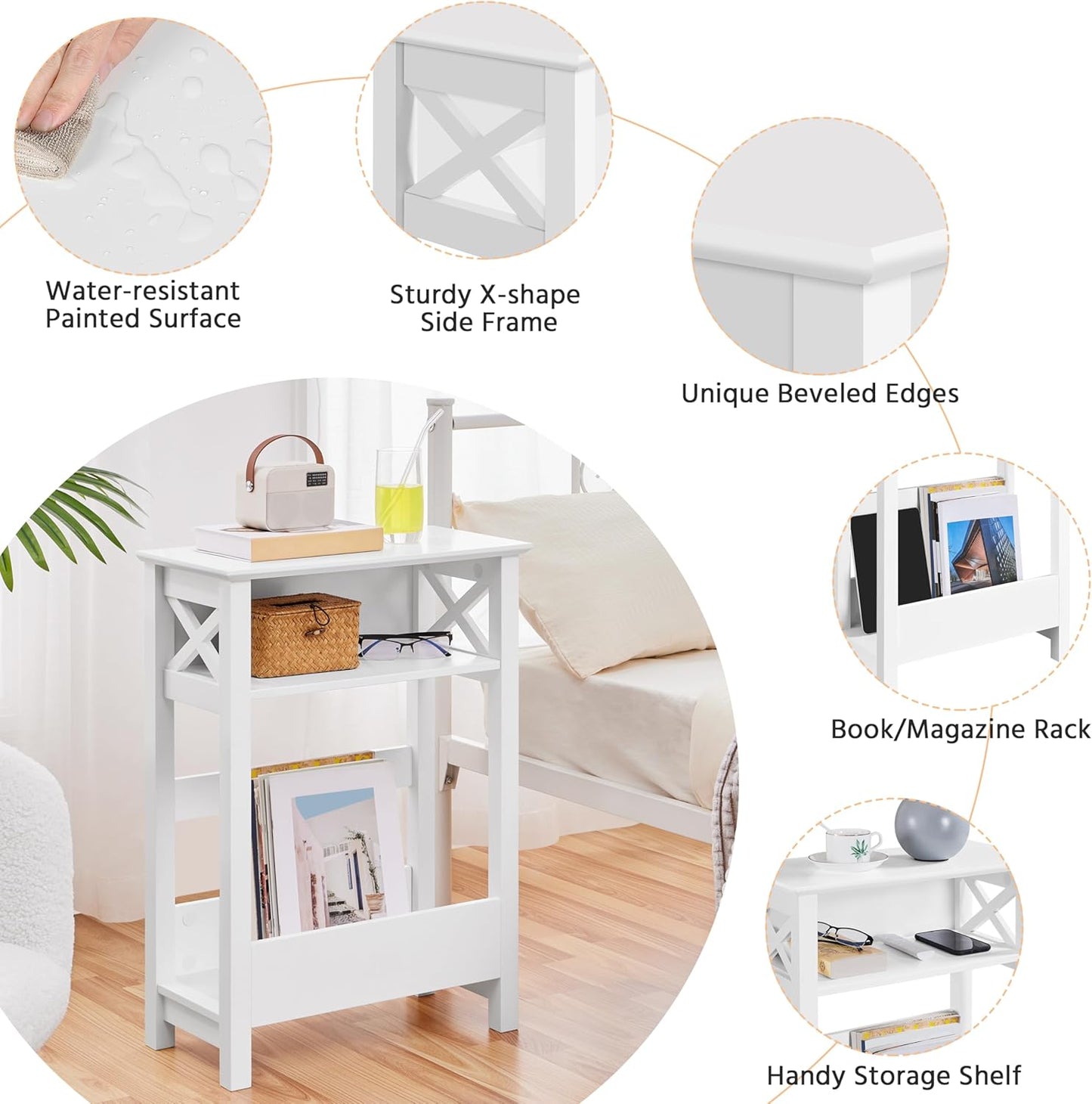 Small Side Table with Storage Shelf, 3-Tier Slim X Shaped End Table with Magazine Rack, Living Room Home Office Balcony Small Spaces, Effortless Assembly, White