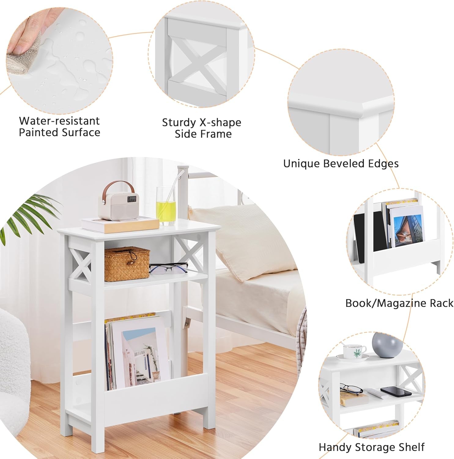 Small Side Table with Storage Shelf, 3-Tier Slim X Shaped End Table with Magazine Rack, Living Room Home Office Balcony Small Spaces, Effortless Assembly, White