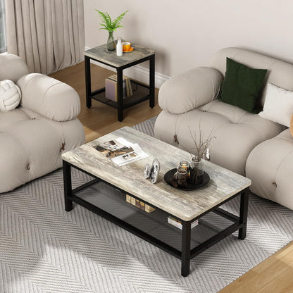 Coffee Table Set of 3, Industrial Coffee Table with 2 Square End Side Tables, Modern Living Room Table Set with Metal Frame for Apartment Home Office, Grey