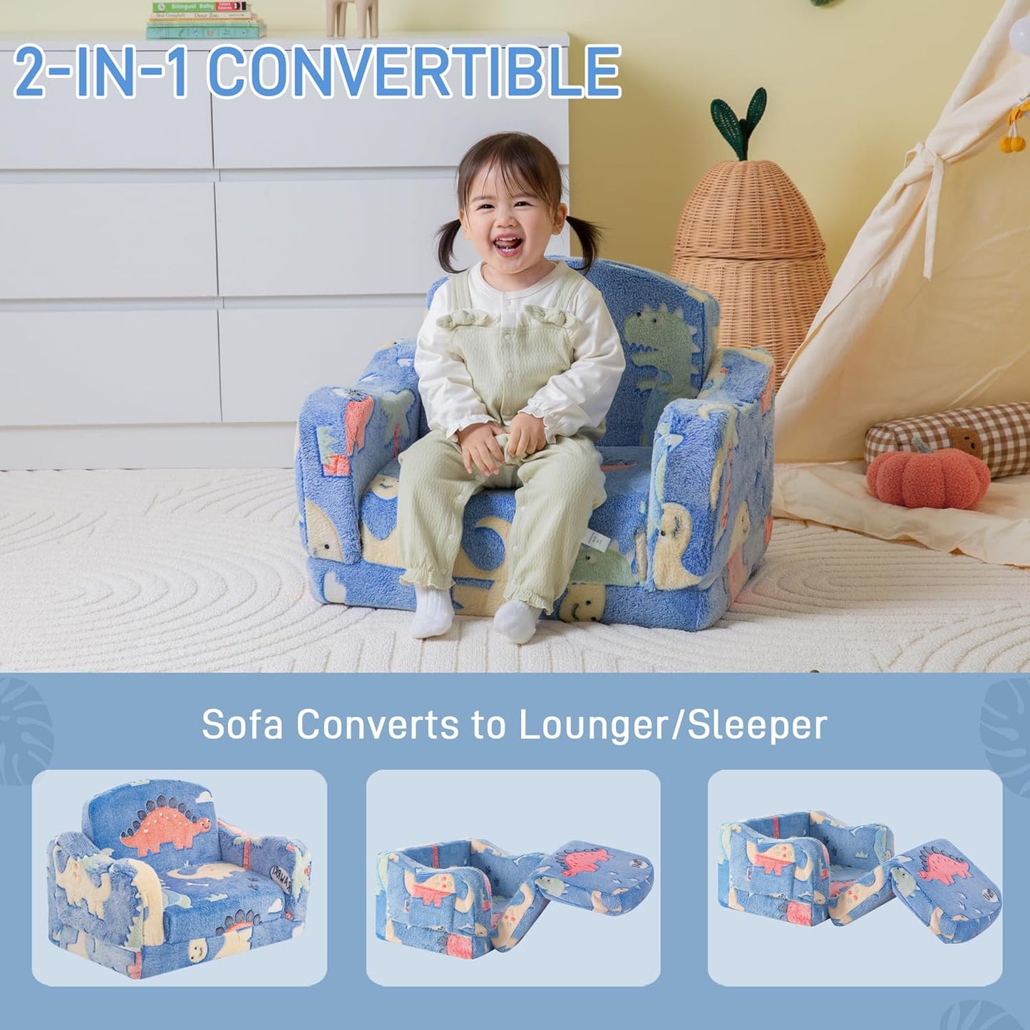 Thick Comfy Toddler Chair and Couch for Kids,2-In-1 Soft Plush Fold Out Sofa for Children,Convertible Couch to Lounger for Toddler
