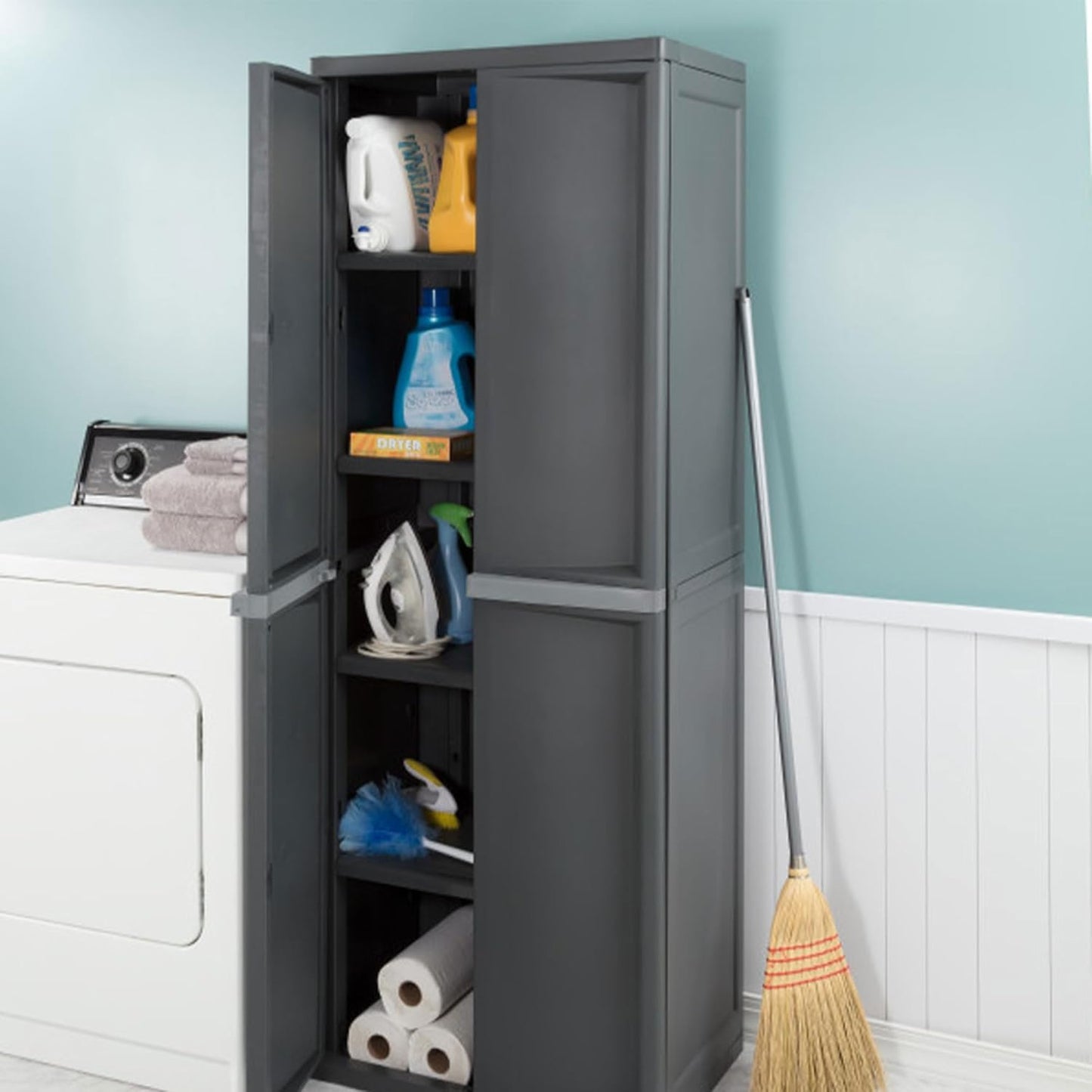 4 Shelf Cabinet, Lockable Utility Storage W/ Adjustable Shelves, Gray - Plastic Shelving Unit for Organizing Garage, Pantry, Basement, Laundry Room or Mudroom