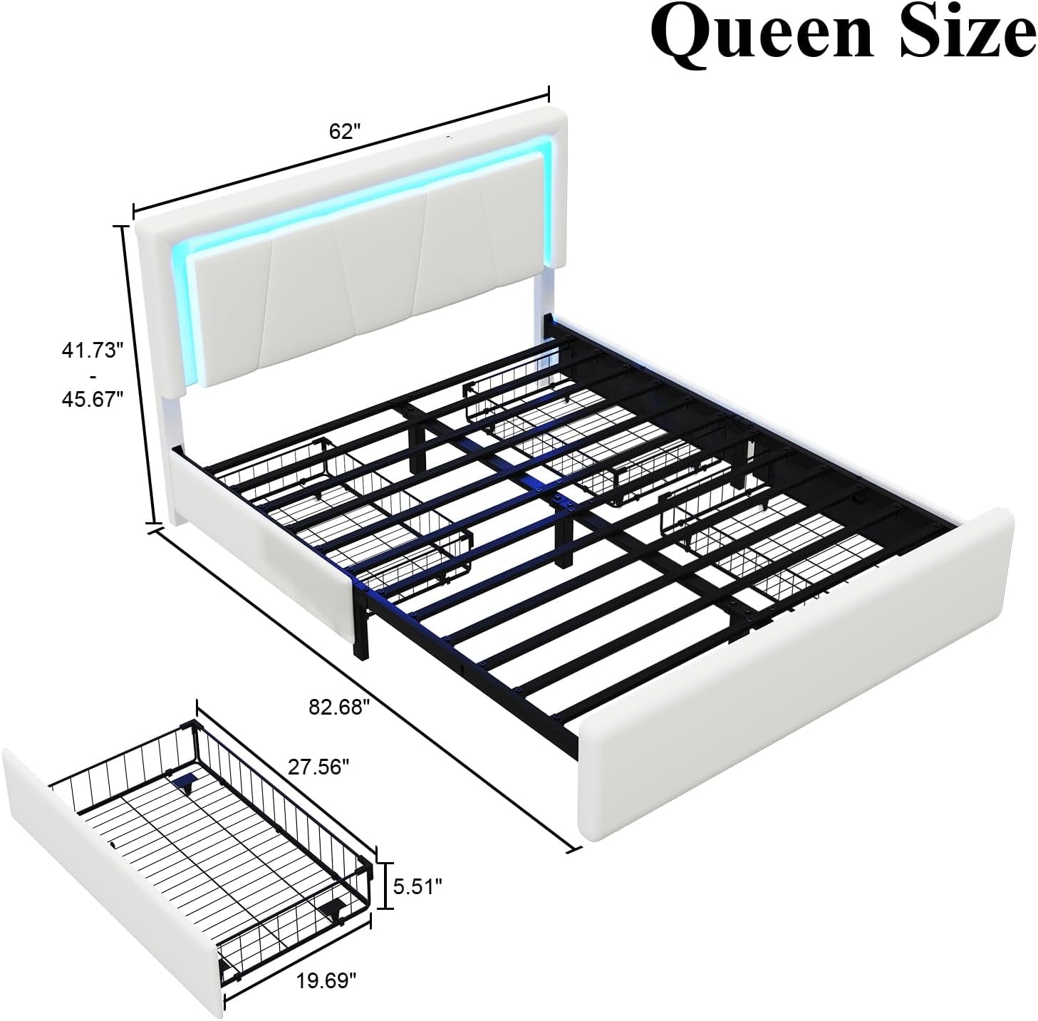 Queen Size Bed Frame with 4 Storage Drawers, Charging Station and LED Light, Adjustable Upholstered Headboard, Noise-Free, No Box Spring Needed, Easy Assembly, White