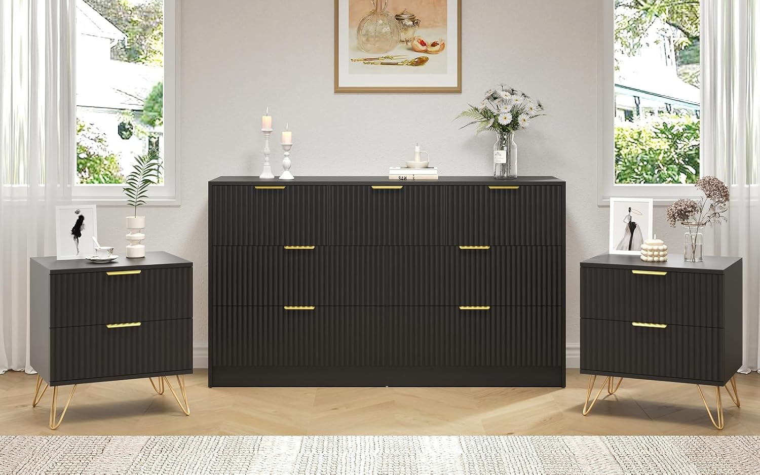 Black Dresser and Nightstand Sets, 7 Drawer Dresser Set for Bedroom 3 Piece, 55” Wide Fluted Wood Dressers W/Metal Handle & Night Stand Set of 2, Modern Bedroom Furniture Sets, Black