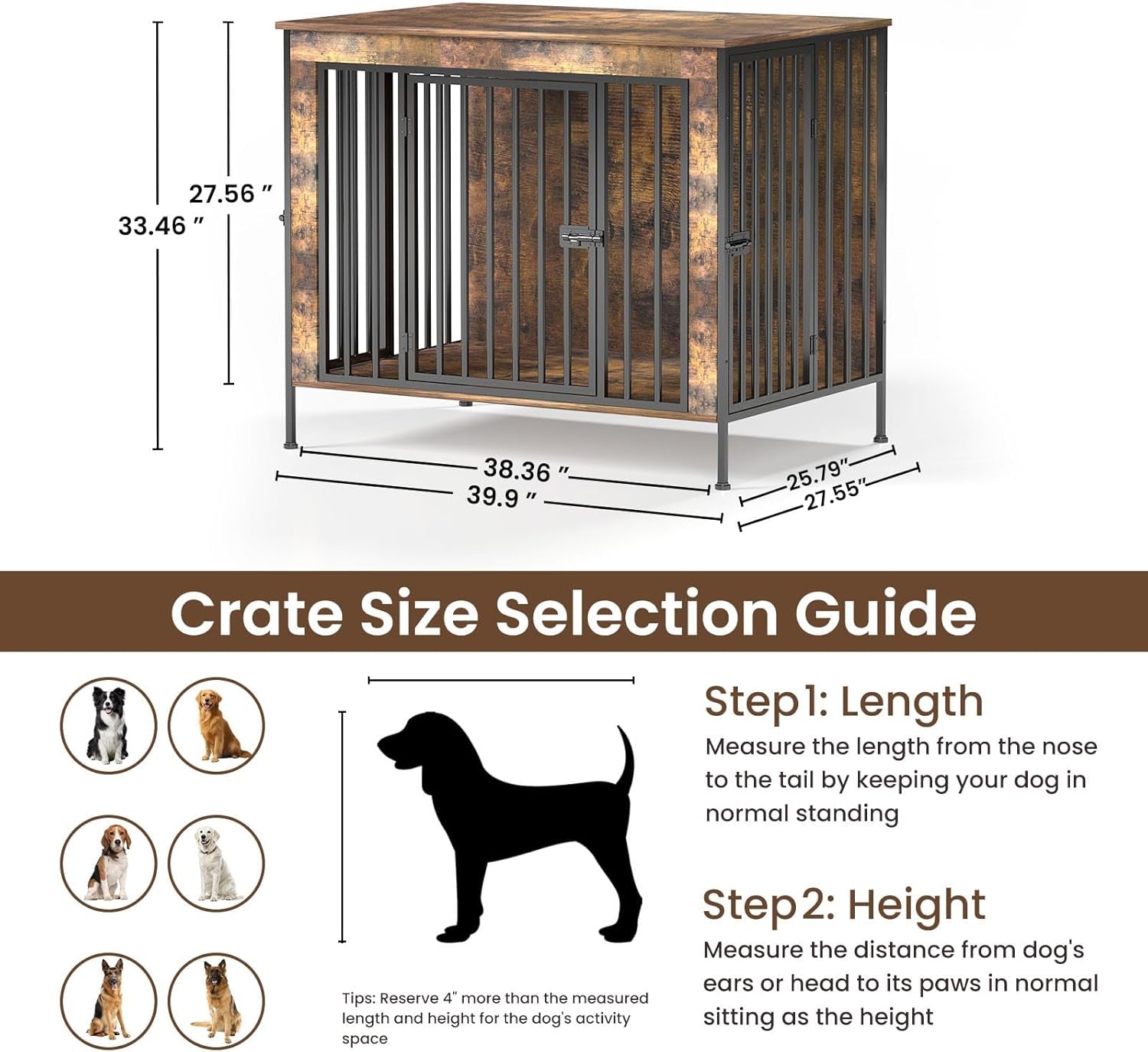 Dog Crate Furniture 78" for 2 Dogs Sturdy Heavy Duty Dog Kennel Solid Metal Tube Thick Wooden with 3 Lockable Doors XXL Double Dog Cage Large Breed as End Table for Large Dogs Rustic Brown