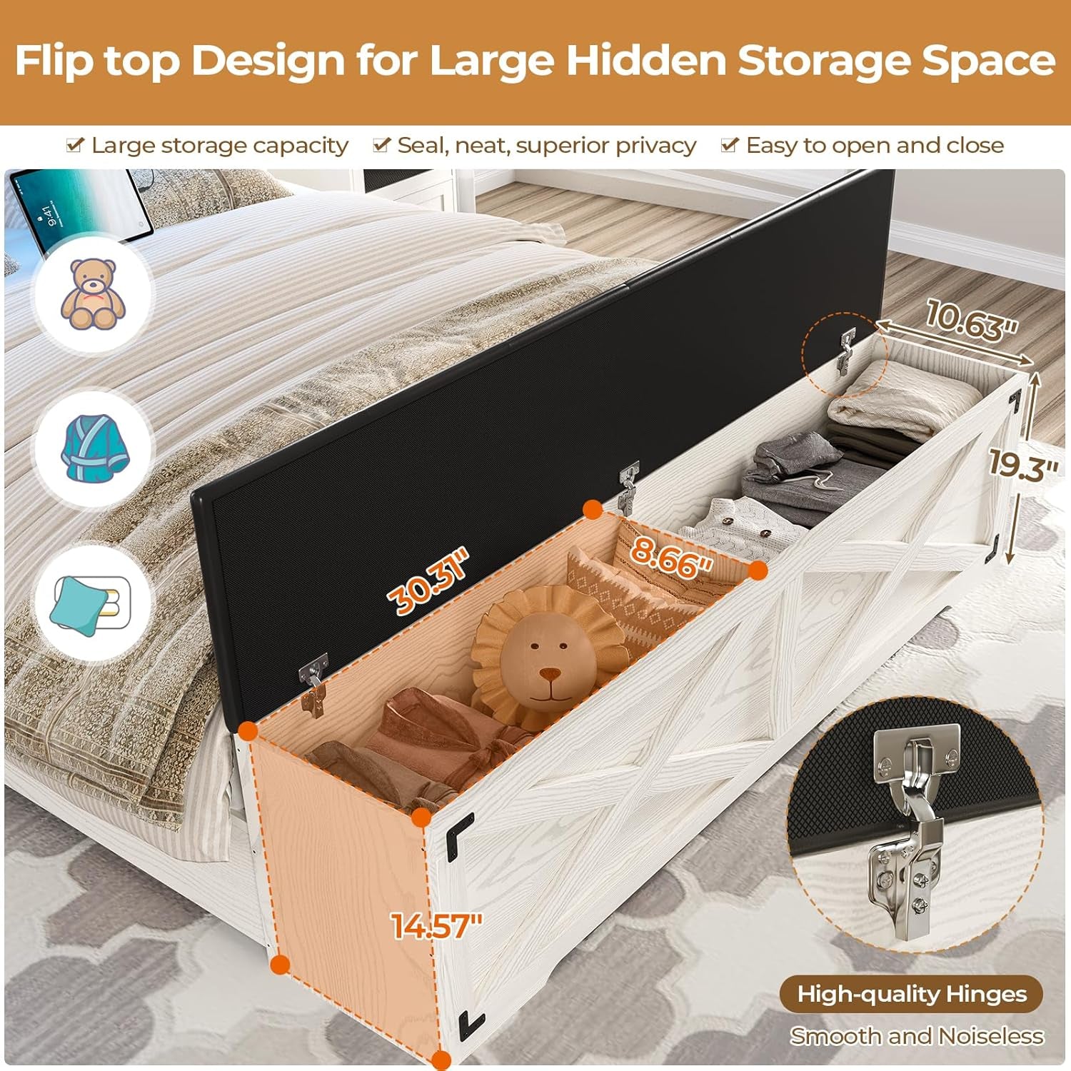 Farmhouse Queen Bed Frame with Storage Headboard, Charging Station and LED Lights Queen Size Platform Bed Frame with Storage Ottoman, Metal Slats Support, No Box Spring Needed, Antique White