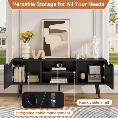 Black TV Stand for 50 55 60+ Inch Tvs - Media Console with 2 Cabinets & Open Shelves, Solid Wood Legs - TV Consoles for Living Room - 22" H Entertainment Center for Bedroom