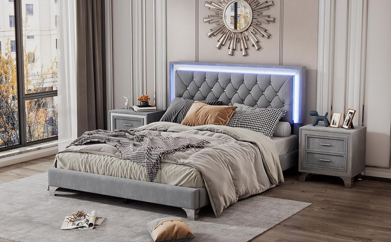 3-Piece Queen Bedroom Set, Upholstered Platform Bed with LED Lights and 2 Nightstands, Modern Gray