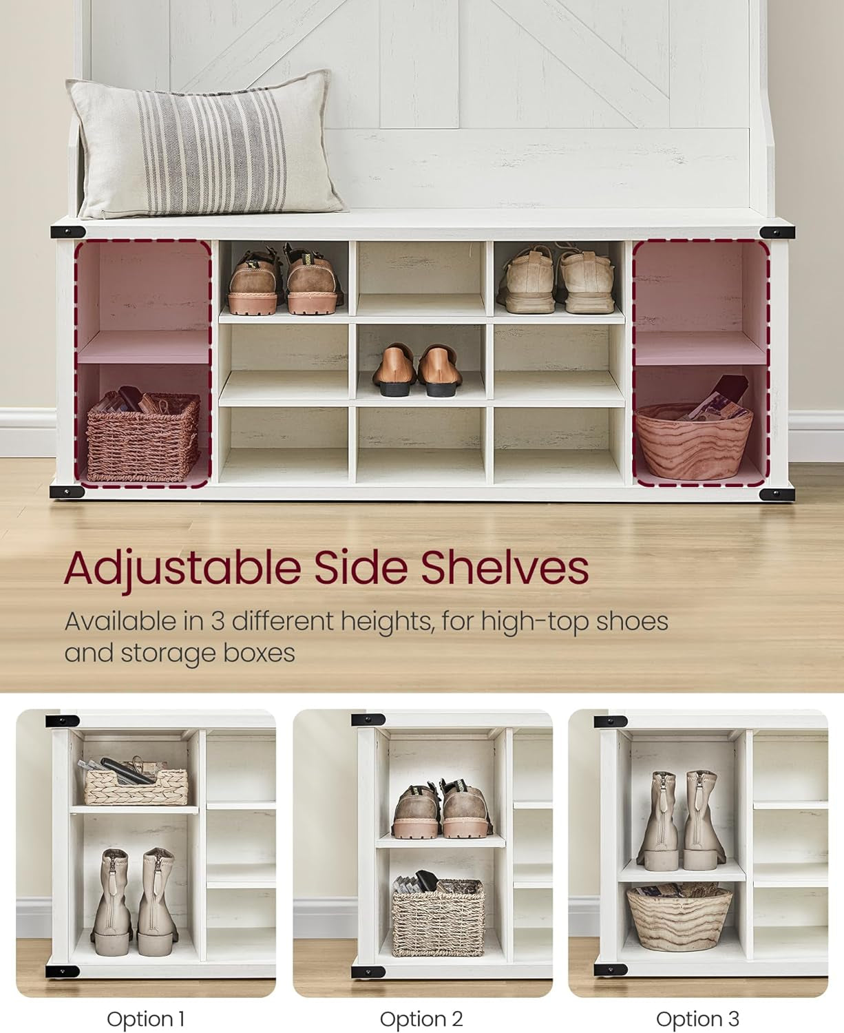 Hall Tree with Bench and Shoe Storage, Coat Rack with Shoe Bench, Entryway Furniture, 16 Open Compartments, 6 Tri-Hooks, Farmhouse Style, Space Saving, Rustic White UHSR427W02