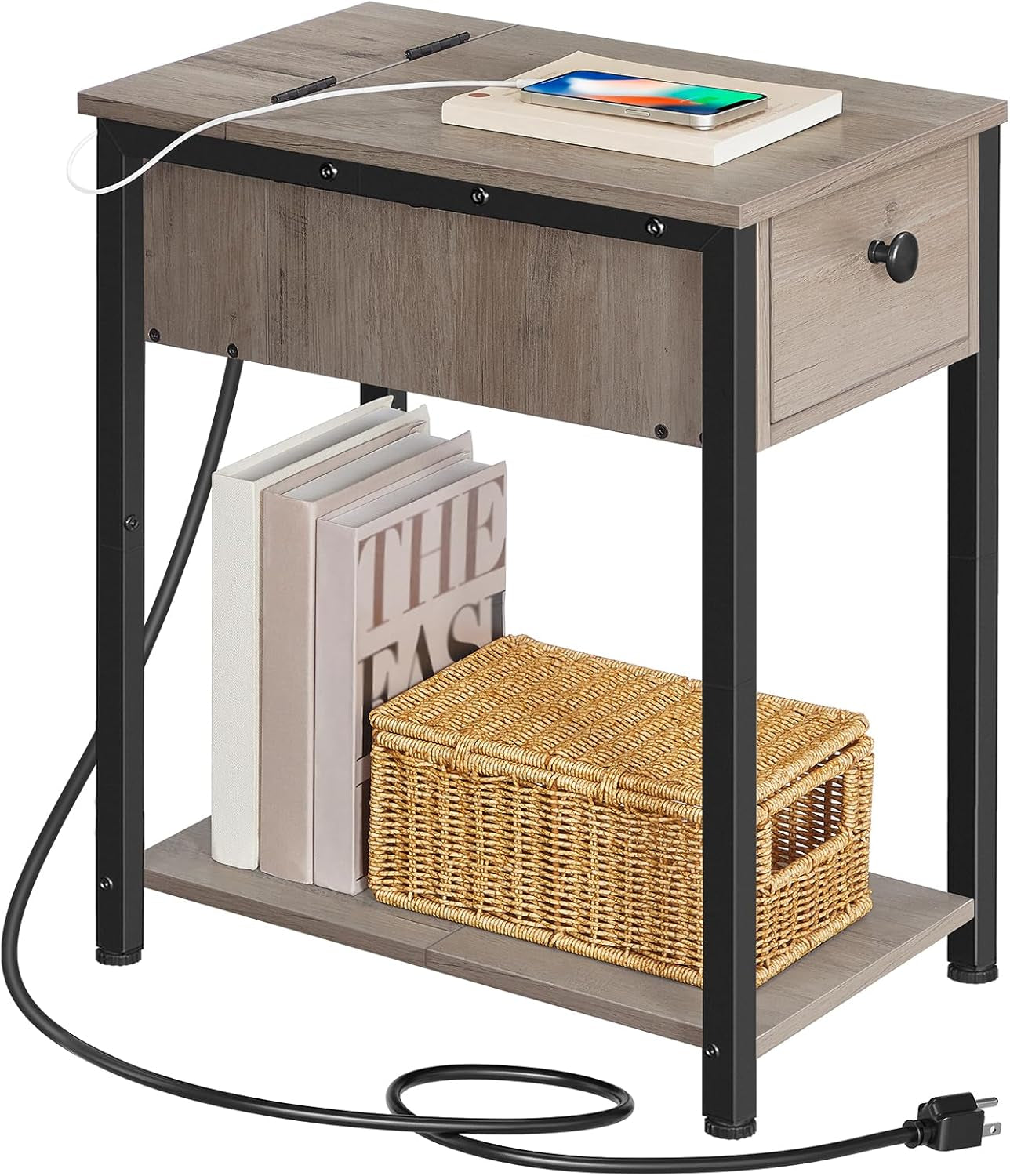 End Table with Charging Station, Narrow Side Table, Small Nightstand, Bedside Tables with Drawer and Storage Shelves, for Small Spaces, Living Room, Bedroom, Greige and Black BG041BZ01G1
