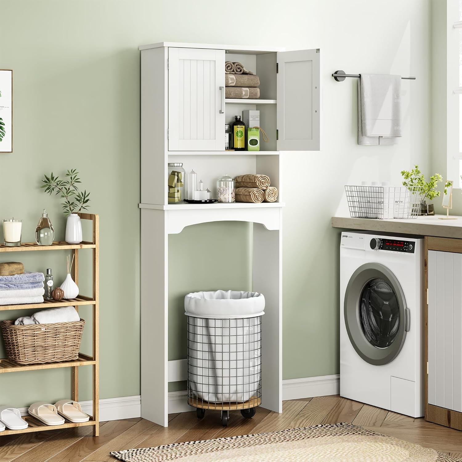 over the Toilet Storage Cabinet, Double Door Bathroom Storage Organizer with Anti-Tip Device, Small Freestanding Space Saver with Open Shelf，White