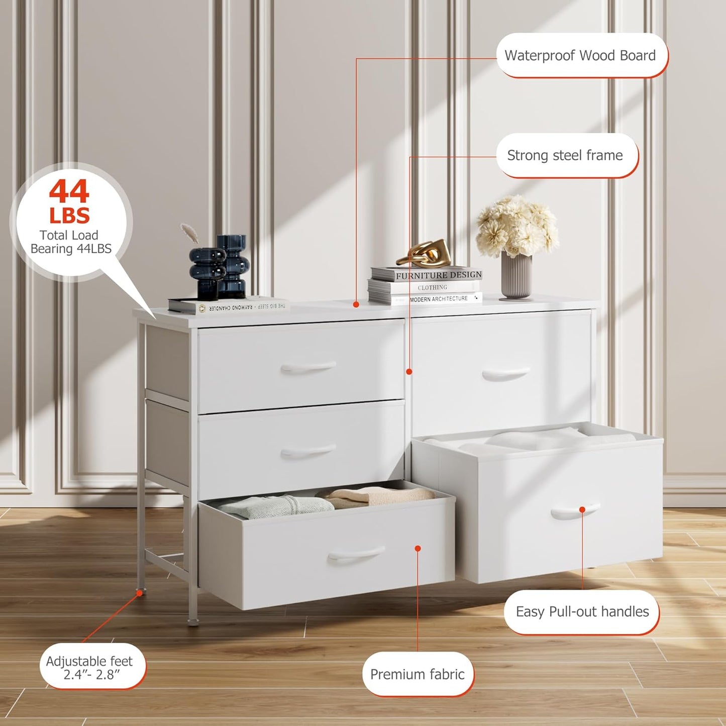 White Dresser for Bedroom with 5 Drawers, Small Dresser for Kids' Bedroom, Closet, Wide Chest of Drawers with Fabric Storage Drawers, Wooden Top, Steel Frame, Modern, White