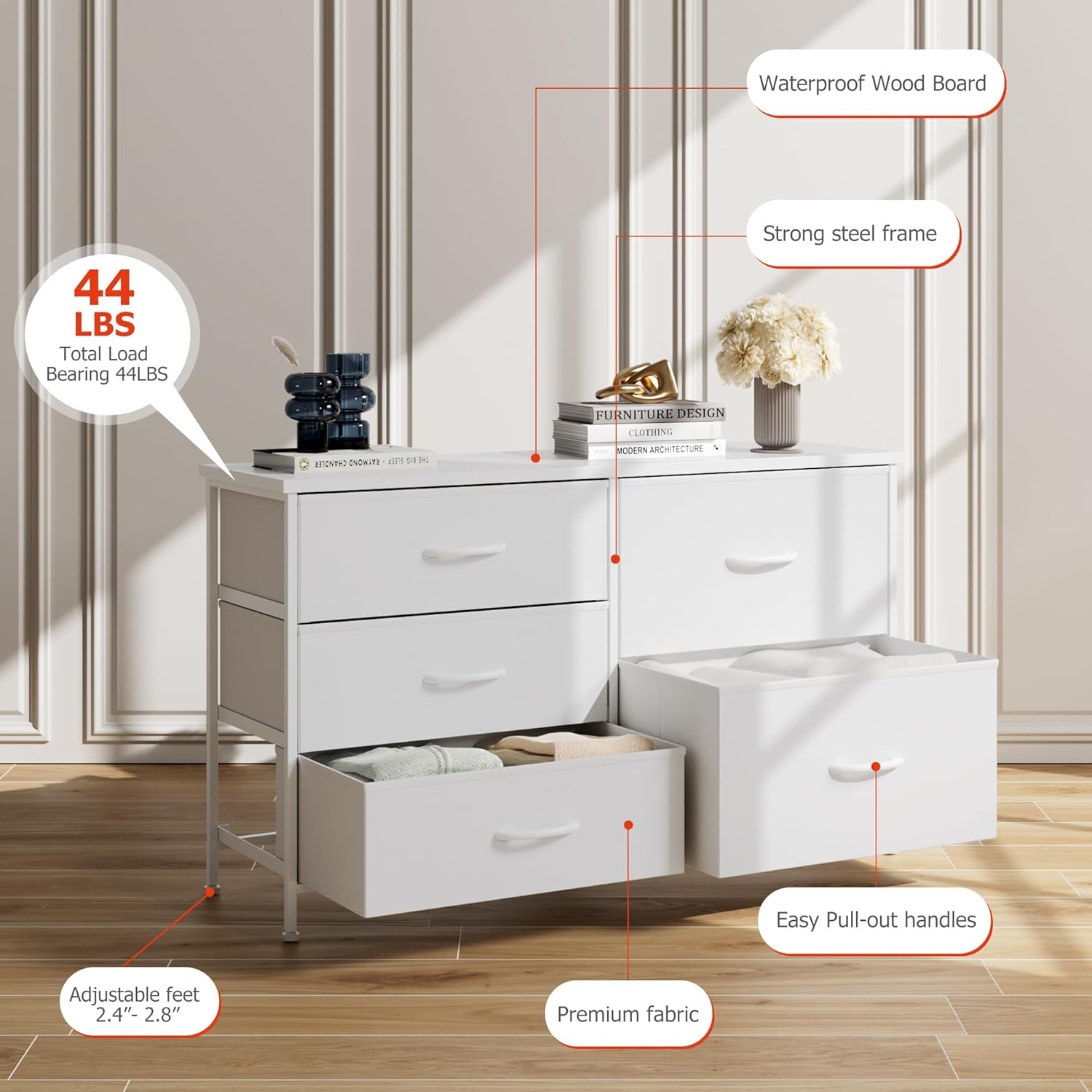White Dresser for Bedroom with 5 Drawers, Small Dresser for Kids' Bedroom, Closet, Wide Chest of Drawers with Fabric Storage Drawers, Wooden Top, Steel Frame, Modern, White
