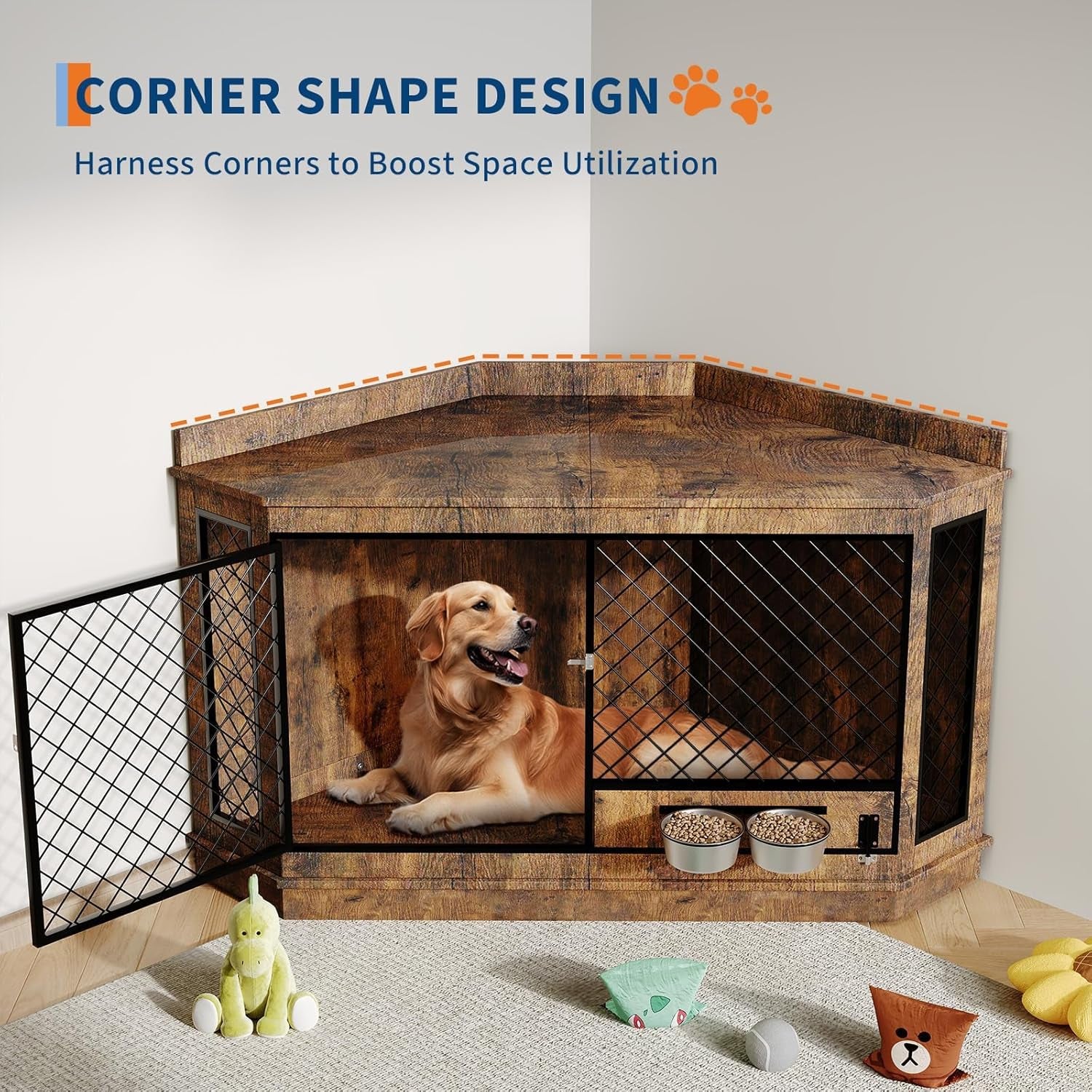 51.3" Corner Dog Crate Furniture with 360° Rotating Feeder, Decorative Dog Crates Dog Cage TV Stand Wooden Dog Kennel End Table for Small Medium Big Dog