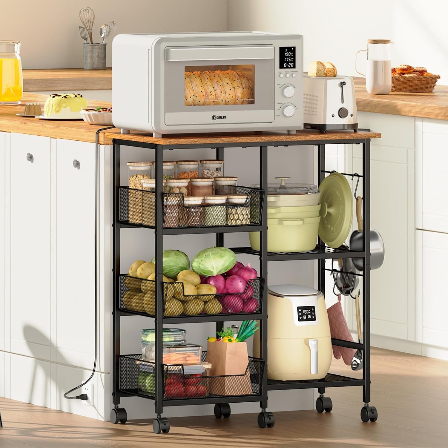 Rolling Kitchen Storage Microwave Cart, Kitchen Island with Adjustable Shelf on Lockable Wheels, Countertop 27.75"L × 15.35"W, Bakers Rack with Tilt-Out Baskets, for Kitchen, Coffee Bar, Living Room