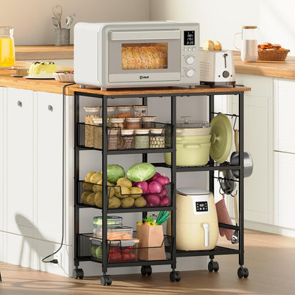 Rolling Kitchen Storage Microwave Cart, Kitchen Island with Adjustable Shelf on Lockable Wheels, Countertop 27.75"L × 15.35"W, Bakers Rack with Tilt-Out Baskets, for Kitchen, Coffee Bar, Living Room