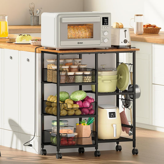 Rolling Kitchen Storage Microwave Cart, Kitchen Island with Adjustable Shelf on Lockable Wheels, Countertop 27.75"L × 15.35"W, Bakers Rack with Tilt-Out Baskets, for Kitchen, Coffee Bar, Living Room