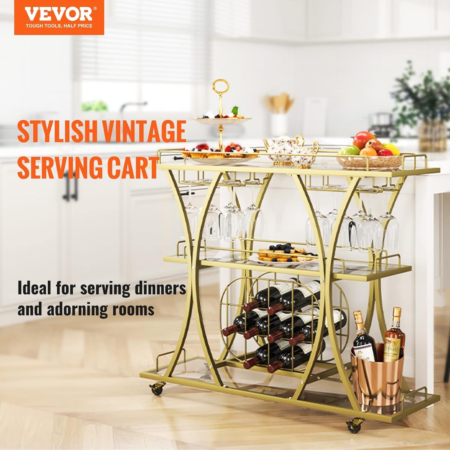 Bar Cart Gold, 3 Tiers Home Bar Serving Cart on Lockable Wheels, Rolling Alcohol Cart with Tempered Glass Shelves Guardrail Wine Rack, Modern Wine Cart for Home Kitchen Dining and Living Room