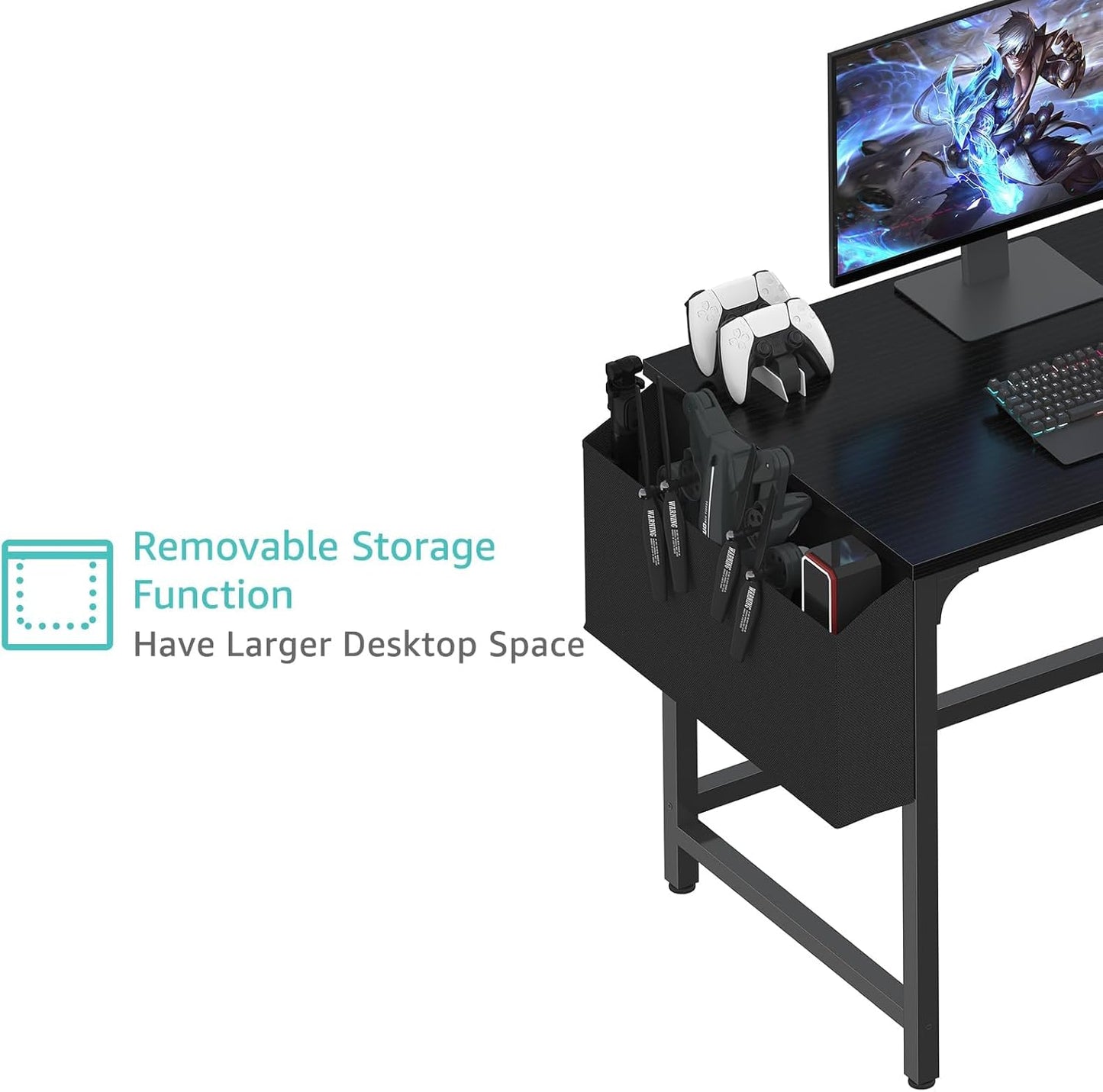 Computer Desk with Fabric Drawers, 40 Inch Reversible Gaming Desk for Small Space Home Office, Modern Simple Study Writing Table PC Desks for Bedroom, Black