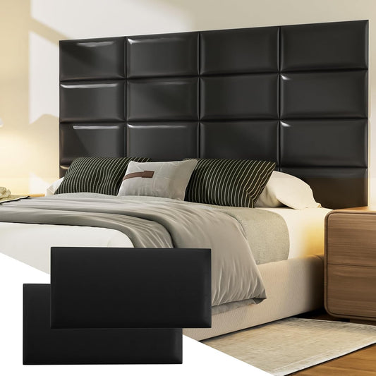 Upholstered Headboard Panels, 4 Panels Sized 7.8" X 15.7" Peel and Stick Padded Wall Panels for Kids, 3D Anti-Collision Wall Mounted Bed Headboard for Full, Black