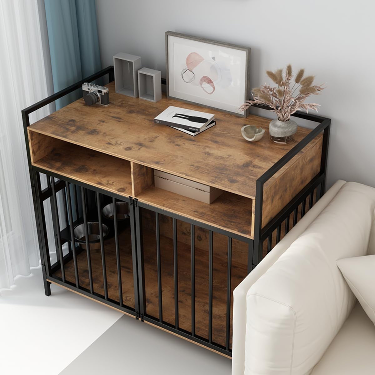 Large Dog Crate Furniture - 48" Vintage Brown Wooden Kennel for Big Dogs, Heavy Duty Chew-Proof Cage with 360° & Adjustable Raised Feeder, Dual Use as End Table or TV Stand