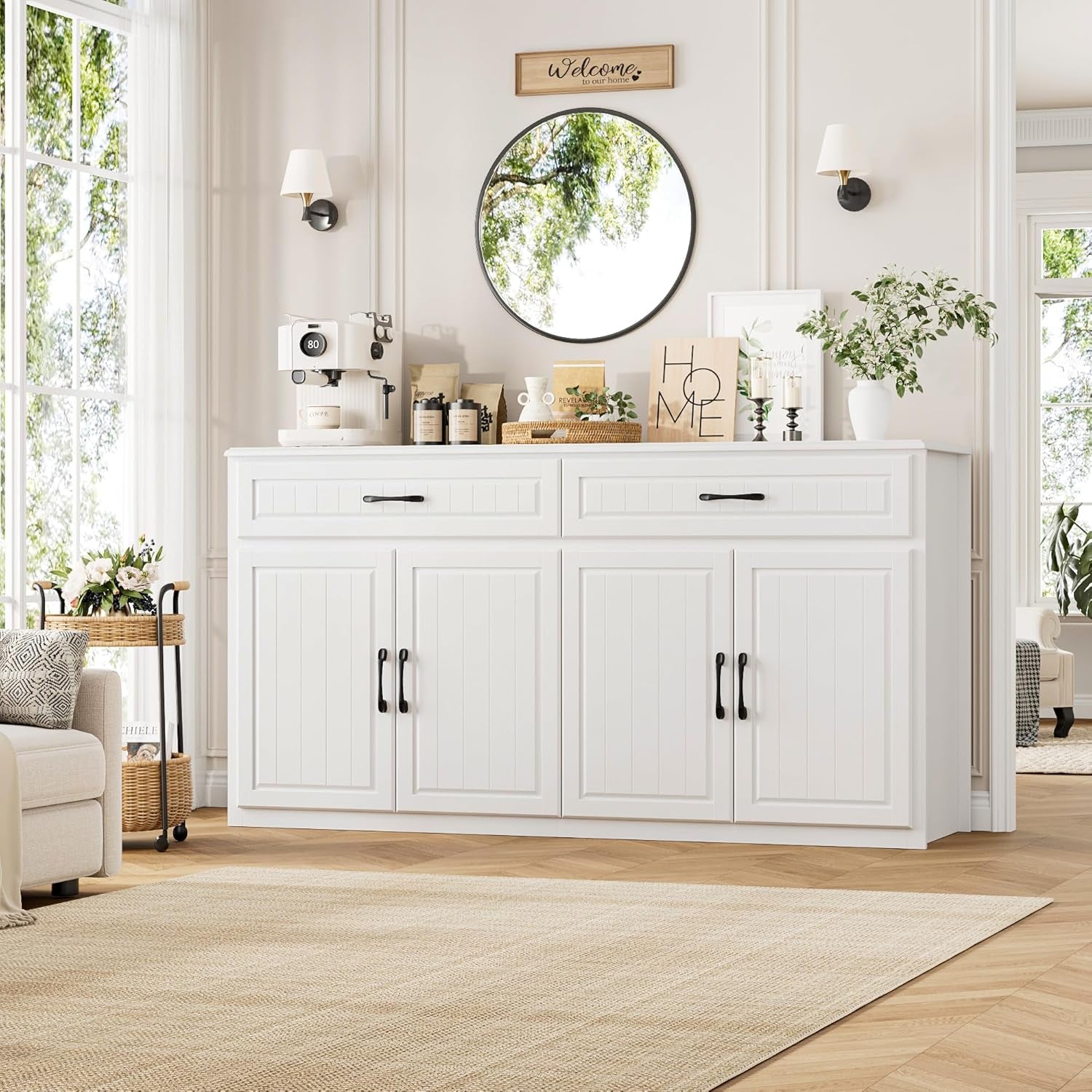 63" Large Sideboard Buffet Cabinet with Storage, Modern Coffee Bar Cabinets with Drawers, Long Kitchen Sideboard Buffets Table for Living Room, Wide Wood Kitchen Buffet Storage Cabinet, White