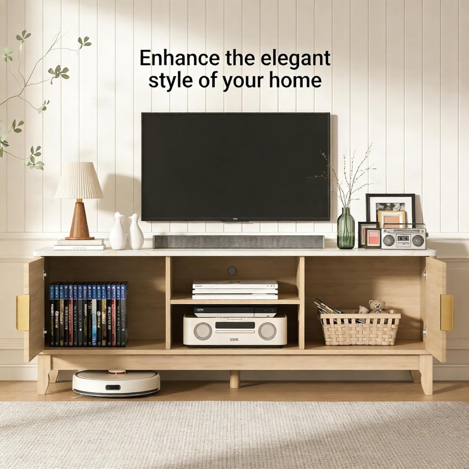 Mid Century TV Stand for Living Room, 55 Inch TV Console with Storage & Cable Holes, Entertainment Center for 32-60 Inch Tvs, Modern TV Furniture with Fluted Doors & Adjustable Shelf, Natural Wood