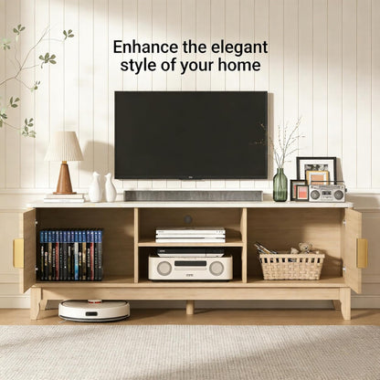 Mid Century TV Stand for Living Room, 55 Inch TV Console with Storage & Cable Holes, Entertainment Center for 32-60 Inch Tvs, Modern TV Furniture with Fluted Doors & Adjustable Shelf, Natural Wood