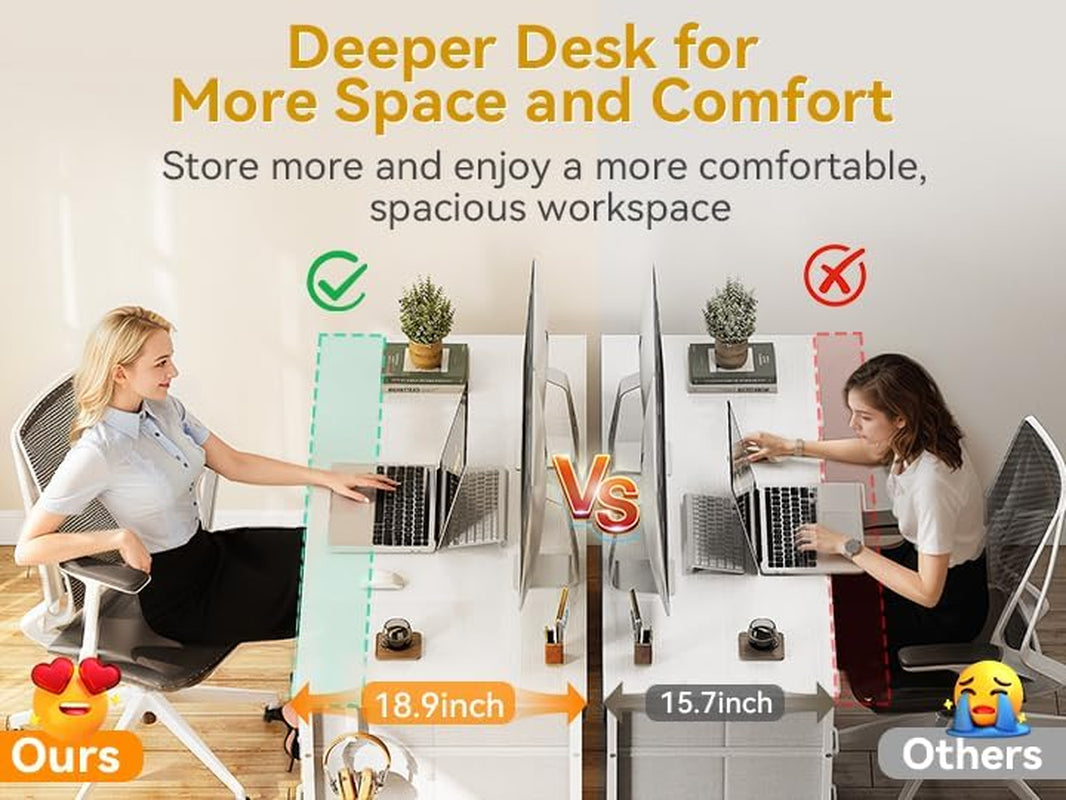 48 Inch White Computer Desk with 8 Fabric Drawers, Modern Office Desk with Large Storage for Home Office, Study, Gaming, White