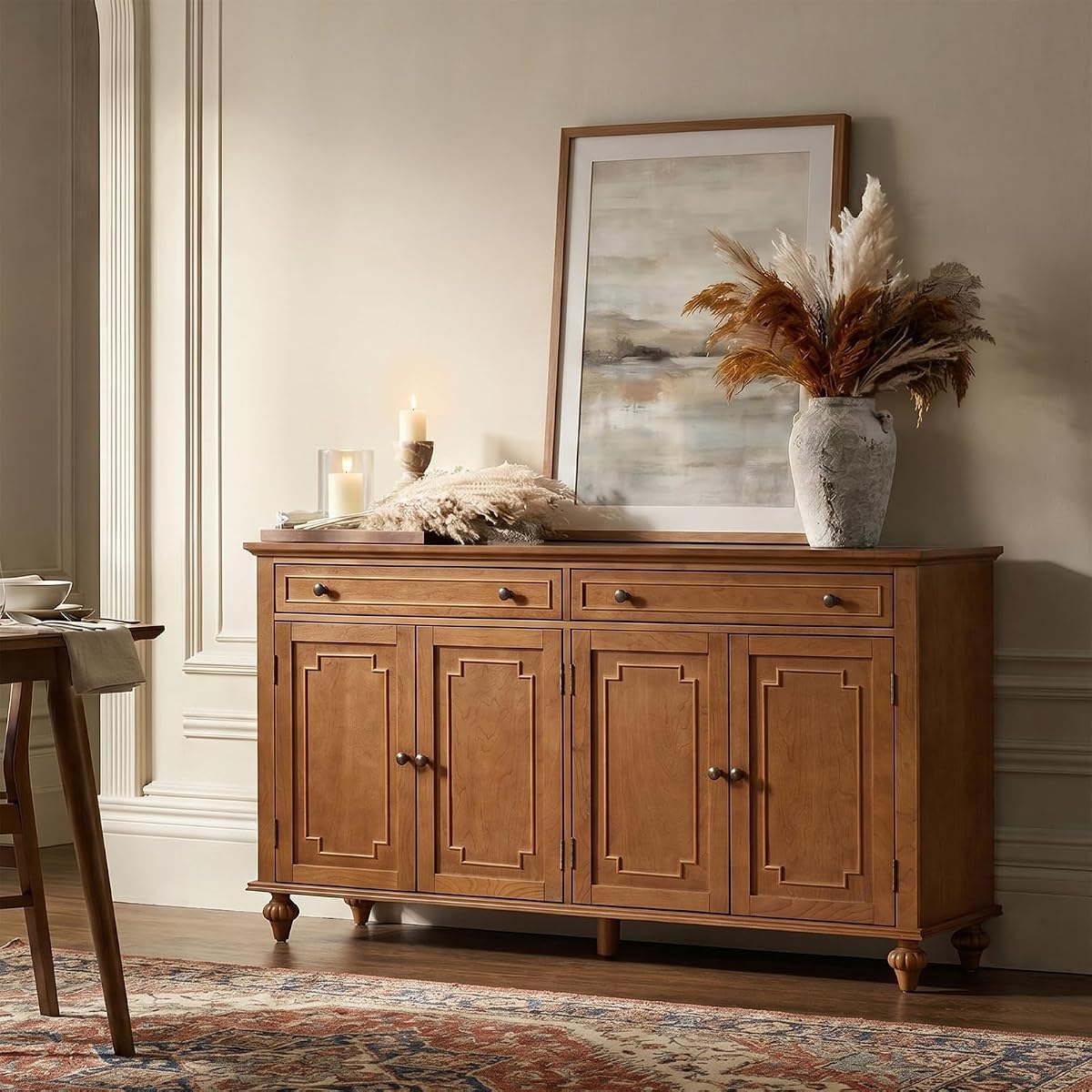 58" Sideboard Storage Cabinet, 4 Doors Storage Sideboard with Adjustable Shelves & 2 Drawers, Chic Channel Design, Transitional Buffet, Acorn