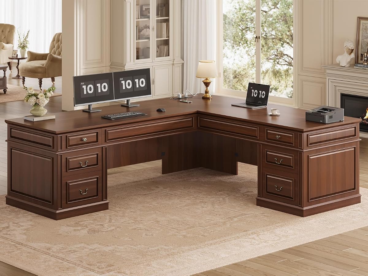 68.5" L Shaped Executive Desk with 6 Drawers & Charging Station