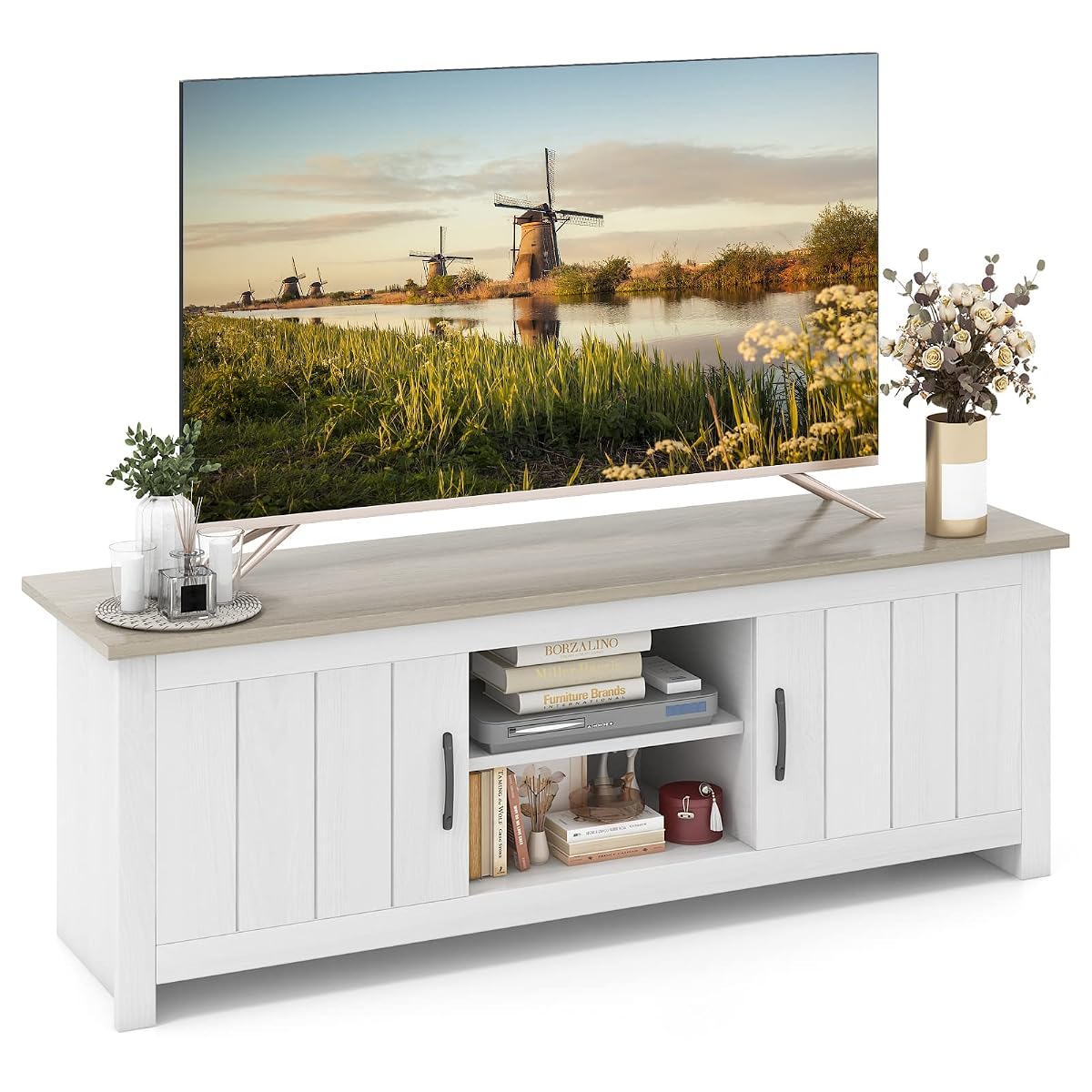 2 Doors TV Stand for TVs up to 65”, 57” Media Console Table w/ 2 Cabinets & Open Shelves, 2 Cable Management Holes. Wood Entertainment Center Cabinet for Living Room (White Oak)