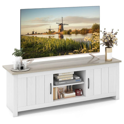 2 Doors TV Stand for TVs up to 65”, 57” Media Console Table w/ 2 Cabinets & Open Shelves, 2 Cable Management Holes. Wood Entertainment Center Cabinet for Living Room (White Oak)