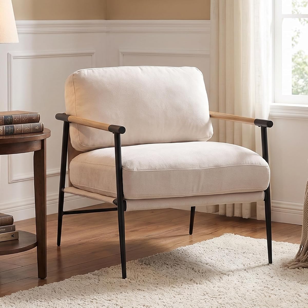 Mid-Century Chenille Lounge Chair with Black Legs, Beige