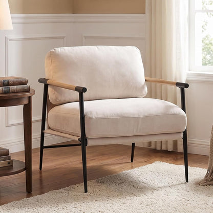 Mid-Century Chenille Lounge Chair with Black Legs, Beige