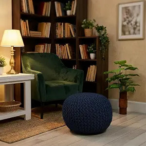 Hand Knitted Upholstered Pouf Cotton Braid Cord Cable Ottoman - Foot Stool - Accent Seat Furniture Bean Bag 18x18x14 Inches - Blue (Navy)