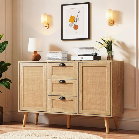 47.2-Inch Rattan Sideboard Buffet, 3 Drawers, 2 Doors, Natural