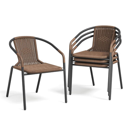 Rattan Patio Dining Chairs Set of 4, Wicker Stackable Outdoor Chairs with All Weather Curved Back & Metal Frame, for Indoor Restaurant Porch Deck, Brown