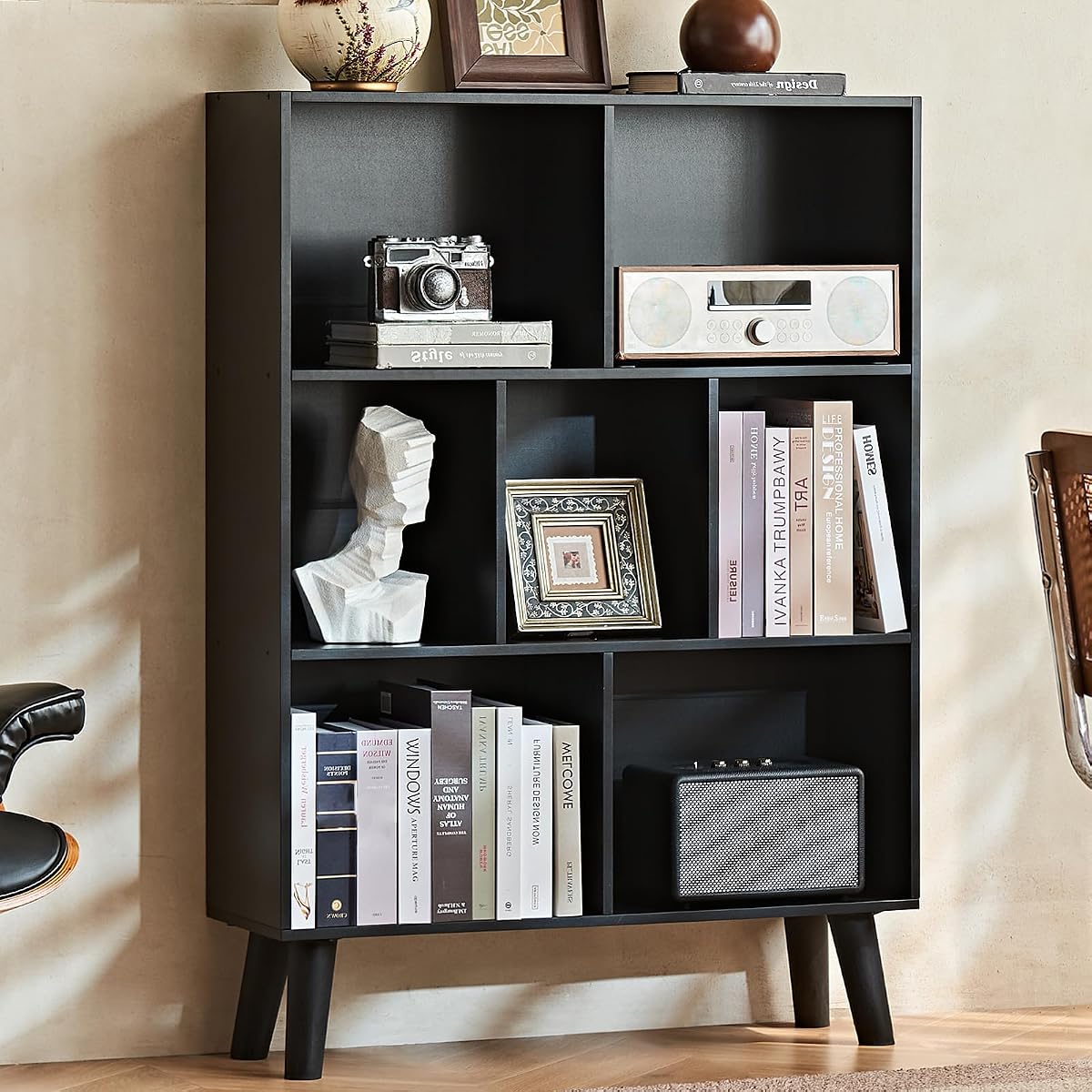 Cube Bookshelf, Mid-Century Modern Book Shelf with Legs, Black
