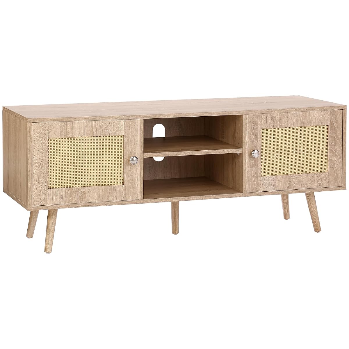 Rattan TV Stand, Boho TV Cabinet for 55 inch TV, Mid Century Modern TV Stand, Rattan TV Console with Adjustable Shelfs for Living Room, Media Room, Oak