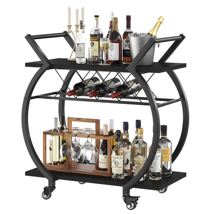 Black Wine Cart with Wheels, Modern Bar Cart with Wine Rack, Industrial Beverage Rolling Kitchen Serving Cart with Storage, Metal Wooden Microwave Drink Liquor Cart for Home Dining Room, Black Oak