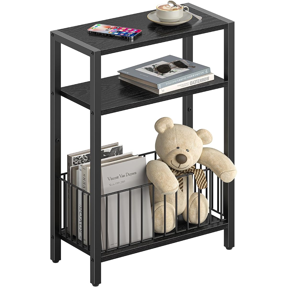 Narrow Side Table with Storage Basket, Small End Table for Small Spaces, Skinny Side Tables Living Room Bedroom Office, Slim Nightstand 3 Tier Bedside Table Space-Saving for Magazine, Black