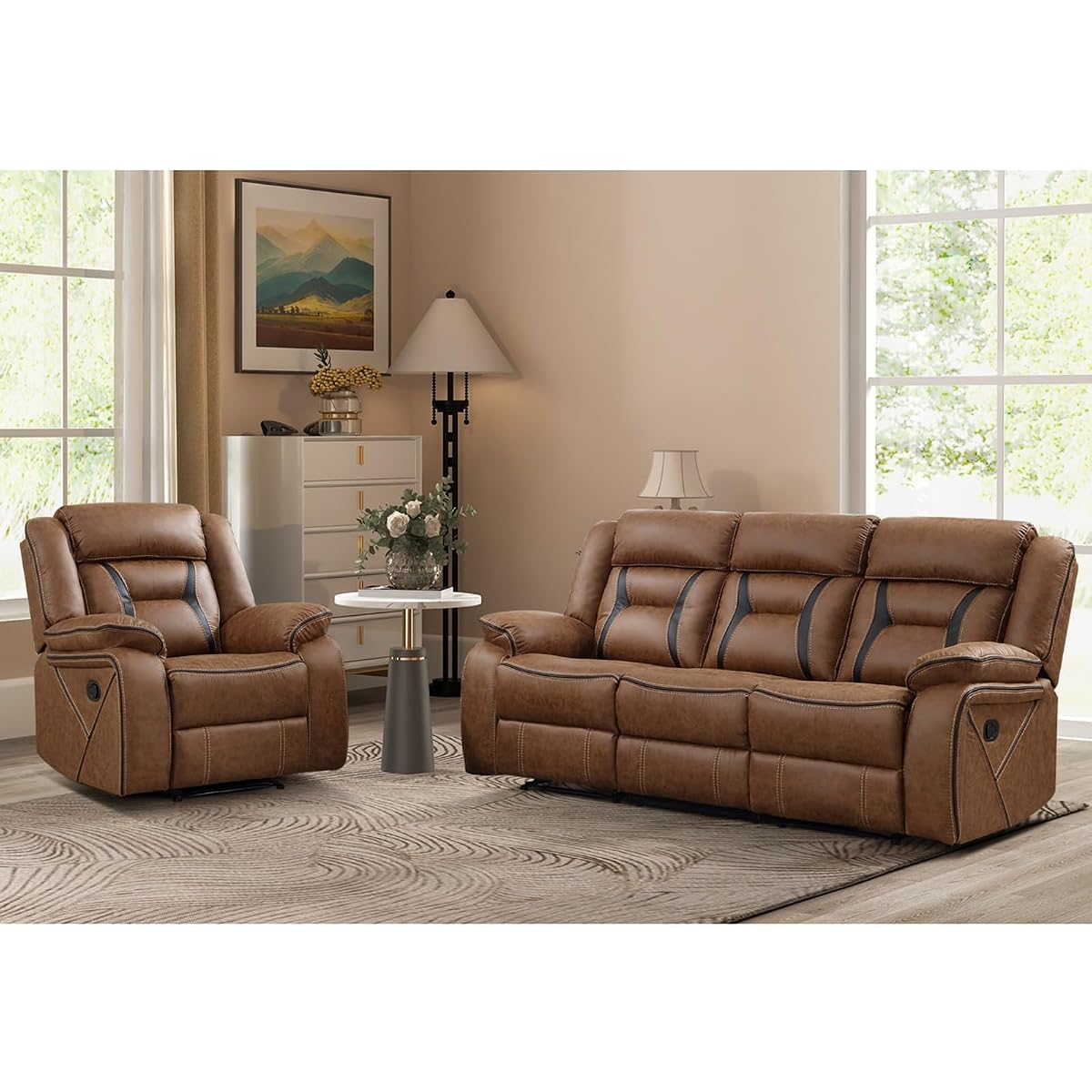 Manual Recliner Sofa Set, Faux Leather Reclining Living Room Furniture Set, Included Recliner Chair and 3 Seat Manual Recline Sofa, Brown
