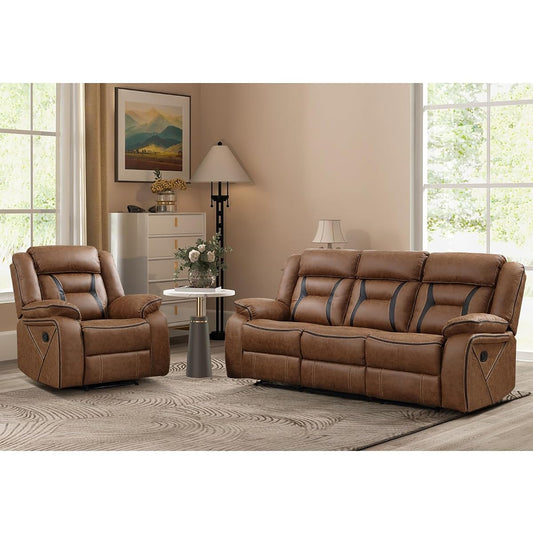 Manual Recliner Sofa Set, Faux Leather Reclining Living Room Furniture Set, Included Recliner Chair and 3 Seat Manual Recline Sofa, Brown