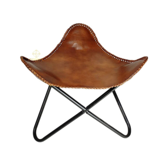 Brown Leather Butterfly Chair Stool Handmade Leather Ottoman Iron Frame Furniture Stool Living Room Comfortable Footrest Foot Stool - Lounge Office Stool